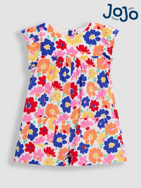 JoJo Maman Bébé Bright Fuchsia Floral Seersucker Frill Sleeve Playsuit (AU5614) | €35 - €40