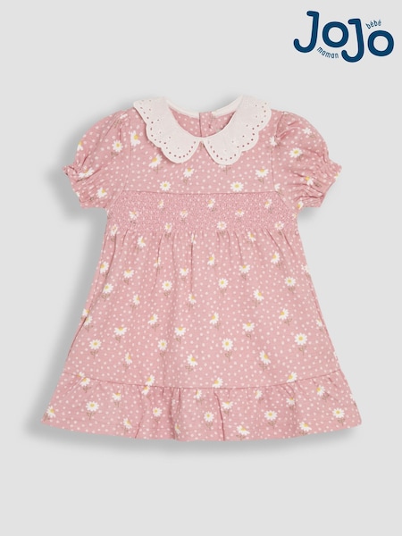 JoJo Maman Bébé Pink Floral Print Broderie Collar Smocked Dress (AU5615) | $42 - $44