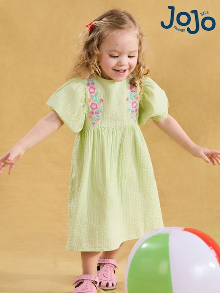 JoJo Maman Bébé Green Floral Embroidered Balloon Sleeve Dress (AU5619) | €38 - €43