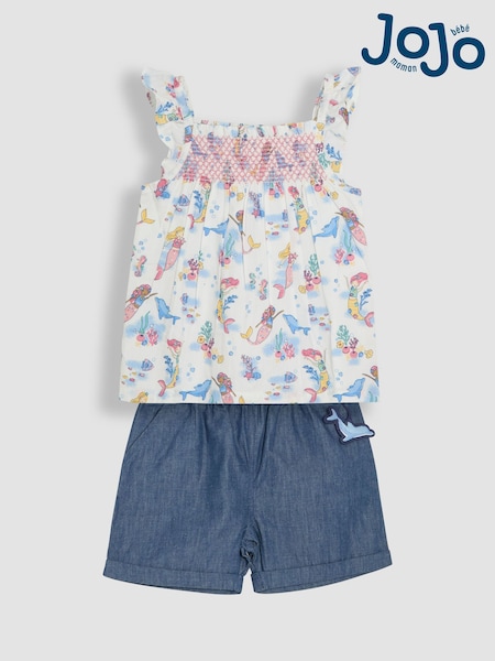JoJo Maman Bébé Blue Mermaid Scene 2-Piece Pet in Pocket Smocked Blouse & Shorts Set (AU5620) | 148 QAR - 178 QAR