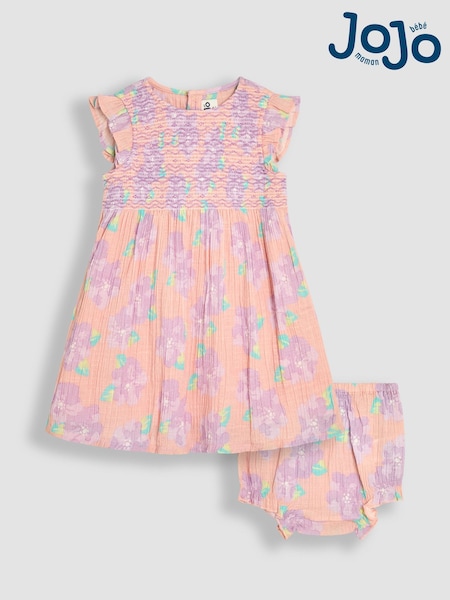JoJo Maman Bébé Coral Pink Tropical Floral Smocked Summer Dress (AU5622) | 139 QAR - 153 QAR