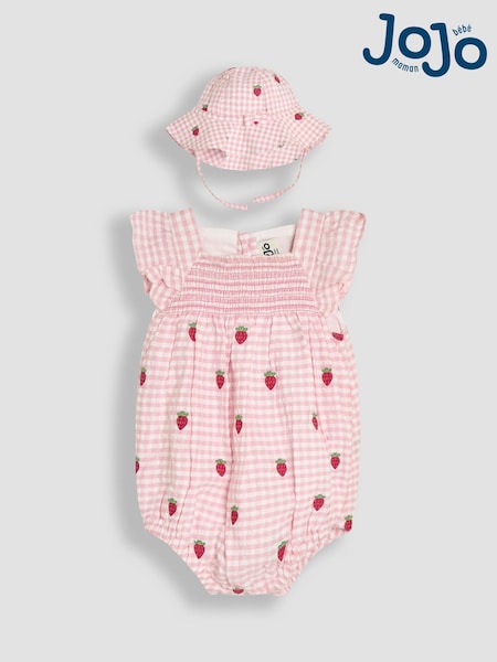 JoJo Maman Bébé Pink Gingham 2-Piece Strawberry Embroidered Smocked Romper & Hat Set (AU5623) | €48 - €49