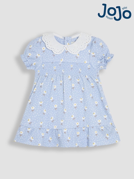 JoJo Maman Bébé Blue Floral Print Broderie Collar Smocked Dress (AU5630) | $42 - $44