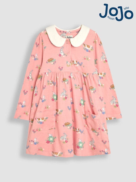JoJo Maman Bébé Pink Guinea Pig & Friends 100% Cotton Peter Pan Collar Button Front Long Sleeve Dress (AU5634) | €39 - €44