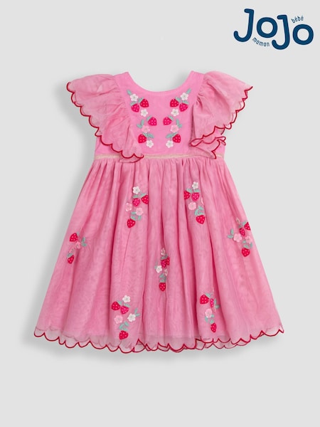 JoJo Maman Bébé Pink Strawberry Floral Scallop Sleeve Embroidered Tulle Party Dress (AU5636) | €62 - €72