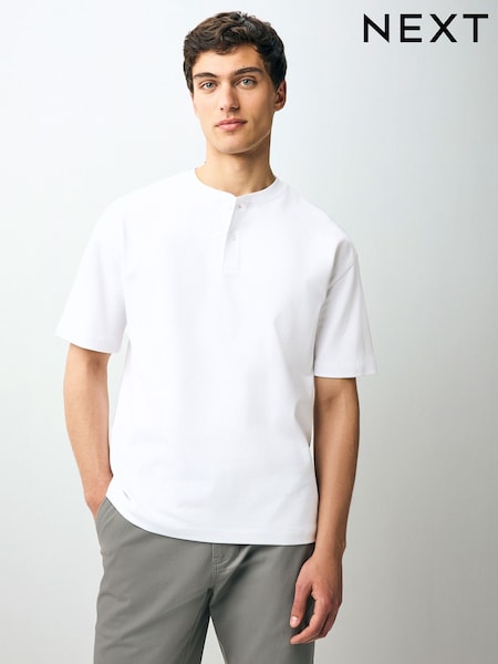 White Relaxed Fit Heavyweight Grandad Collar 100% Cotton T-Shirt (AU5653) | €21