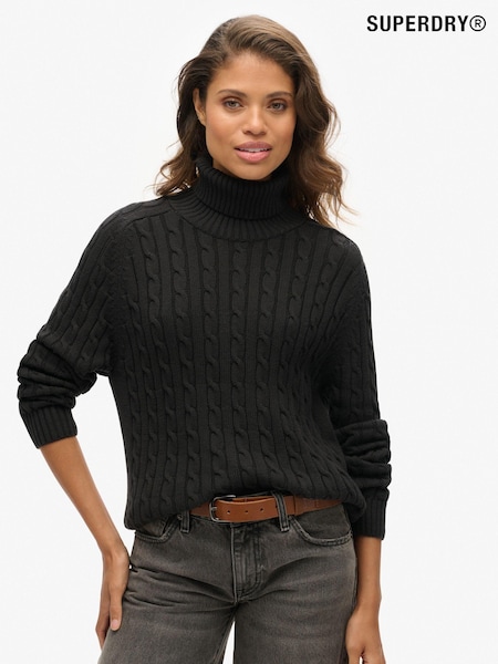 Superdry Black Slouchy 100% Cotton Cable Roll Neck Jumper (AU5672) | $87