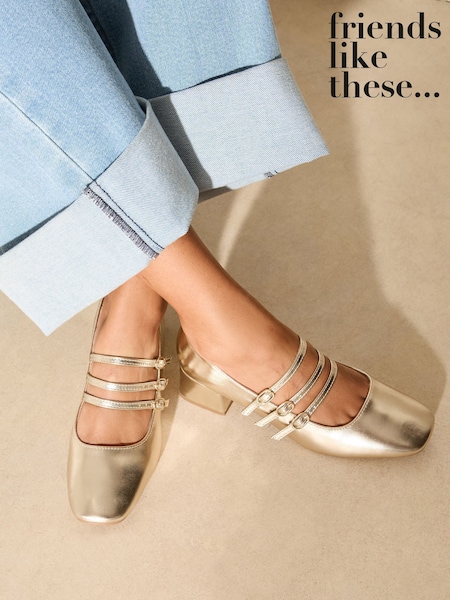 Friends Like These Gold Low Block Heel Triple Strap Maryjane Court Shoes (AU5681) | 178 QAR