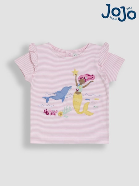 JoJo Maman Bébé Pink Mermaid Appliqué Frill Shoulder T-Shirt (AU5721) | €26 - €30