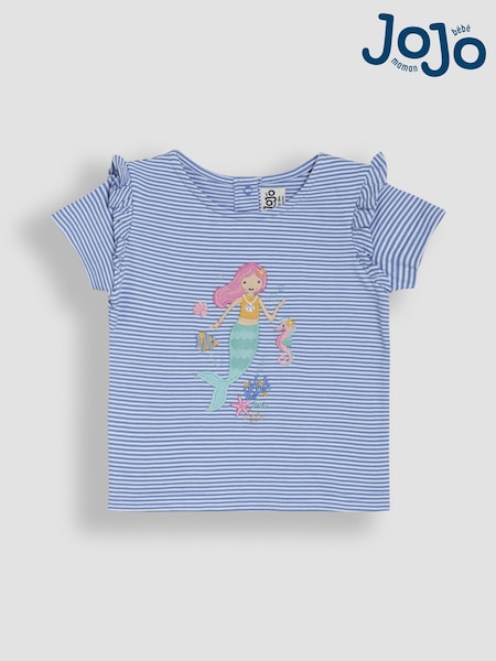 JoJo Maman Bébé Blue Mermaid Appliqué Frill Shoulder T-Shirt (AU5722) | €26 - €30