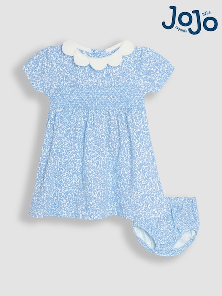 JoJo Maman Bébé Blue Ditsy Floral Smocked Jersey Dress (AU5726) | €40 - €41