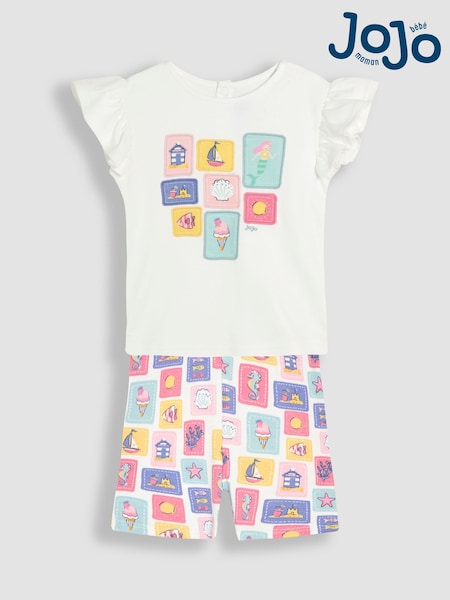 JoJo Maman Bébé White Seaside Appliqué T-Shirt & Shorts Set 2 Piece (AU5730) | $44 - $49