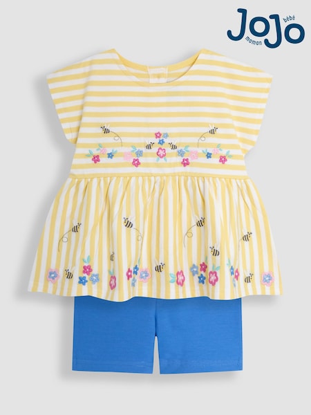 JoJo Maman Bébé Yellow Bee & Flower Print Embroidered Gathered Waist T-Shirt & Shorts Set 2 Piece (AU5741) | kr357 - kr400