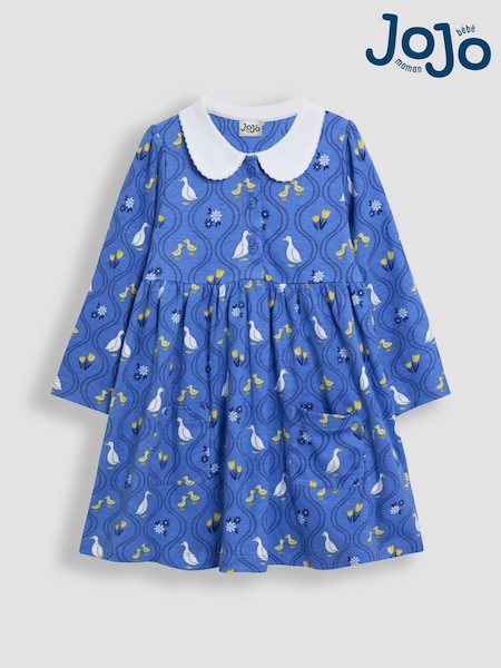 JoJo Maman Bébé Blue Duck Floral 100% Cotton Peter Pan Collar Button Front Long Sleeve Dress (AU5752) | 125 QAR - 142 QAR