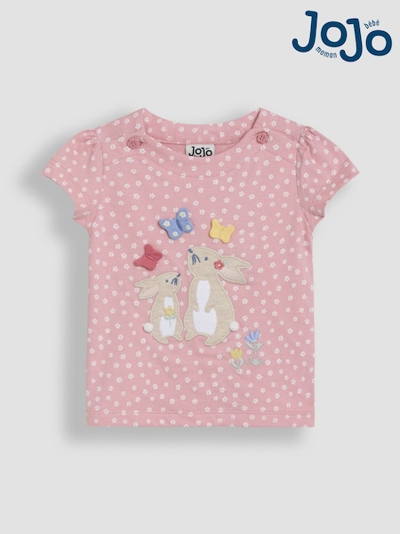 Roz cu iepuraș - Tricou JoJo Maman Bébé din bumbac 100% cu aplicații și imprimeuri (AU5760) | 119 LEI - 142 LEI