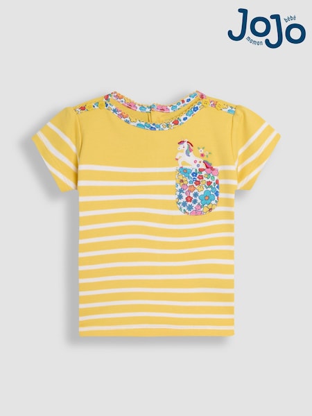 JoJo Maman Bébé Yellow Unicorn Appliqué Pocket Breton T-Shirt (AU5767) | kr200 - kr243