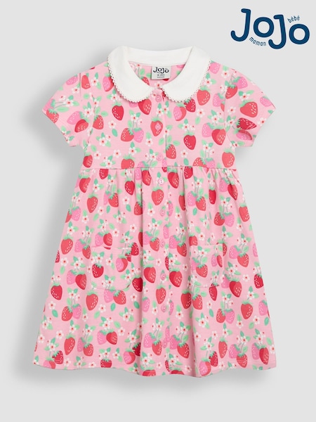 JoJo Maman Bébé Pink Strawberry Floral Peter Pan Collar Button Front Dress (AU5774) | €35 - €40
