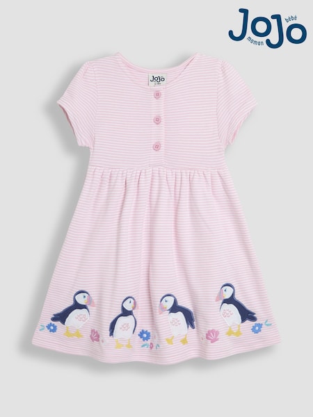 JoJo Maman Bébé Pink Puffin Appliqué Button Front Dress (AU5775) | €29 - €32.50