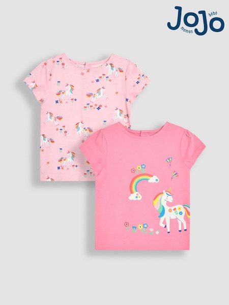 Fuchsia Pink Unicorn Applique - JoJo Maman Bébé Printed T-Shirts 2 Pack (AU5780) | 32 € - 37 €