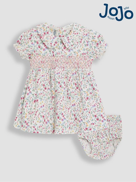 JoJo Maman Bébé Raspberry Pink Ditsy Floral Smocked Jersey Dress (AU5783) | €40 - €41