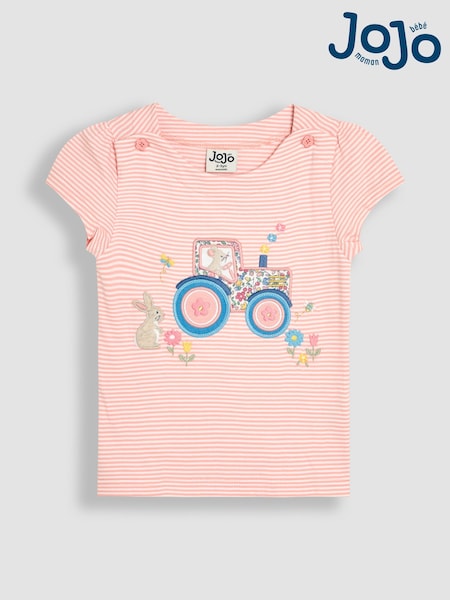 JoJo Maman Bébé Pink Bunny On Tractor Print Appliqué 100% Cotton T-Shirt (AU5788) | €26 - €30