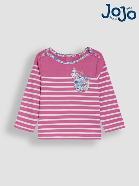 JoJo Maman Bébé Raspberry Pink Unicorn Appliqué Pocket Breton Top (AU5792) | €24 - €29