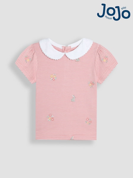 JoJo Maman Bébé Pink Bunny Floral Embroidered Peter Pan Collar T-Shirt (AU5800) | €27 - €32