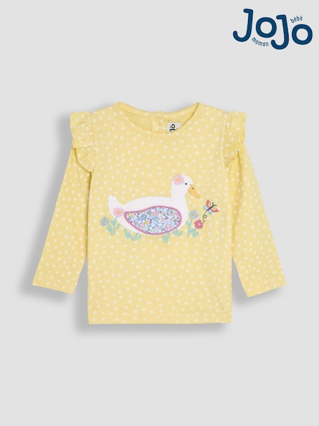 JoJo Maman Bébé Yellow Duck Appliqué Frill Shoulder 100% Cotton Top (AU5805) | €22.50 - €26