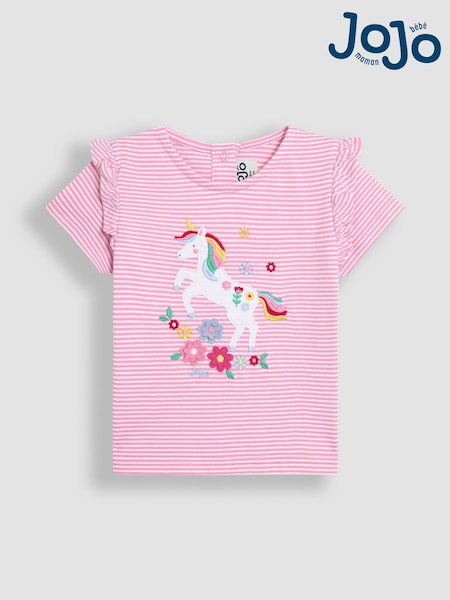JoJo Maman Bébé Fuchsia Pink Unicorn Appliqué Frill Shoulder T-Shirt (AU5806) | €26 - €30