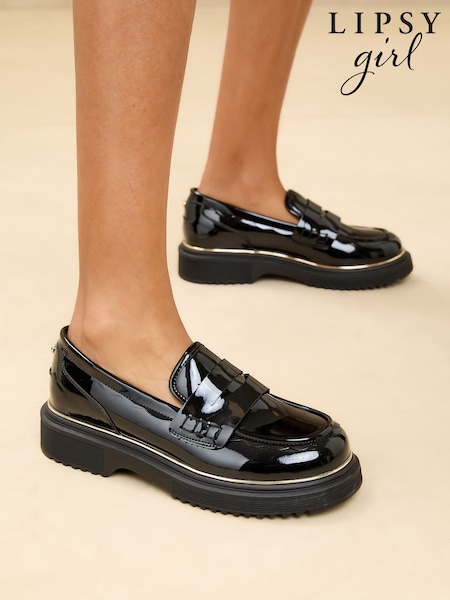 Lipsy Black Wide Fit (G)  Patent Faux Leather Chunky Rand Loafer School Shoes (AU5897) | €34 - €40