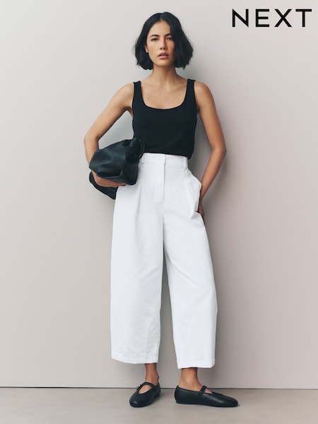 לבן - Elasticated Waist Barrel Leg Trousers (AU5927) | ‏87‏₪