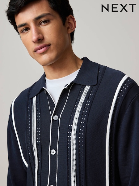 Mornarsko modra/bela - Regular Fit Cotton Rich Vertical Stripe Button-Through Jumper (AU5956) | € 28