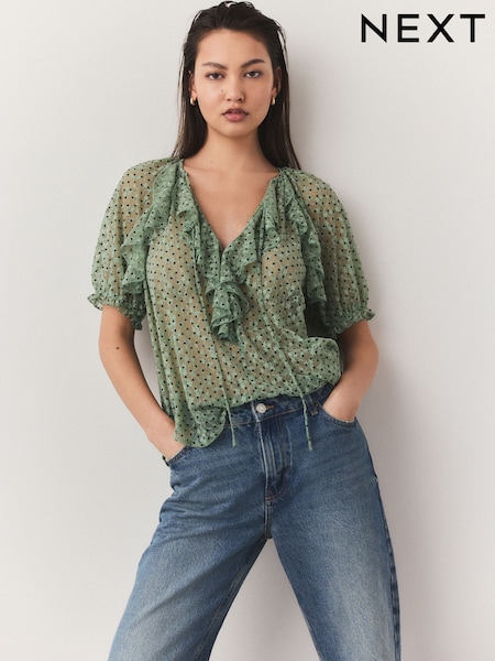 בצבע כחול ירוק - Short Sleeve Ruffle Mesh Blouse (AU5977) | ‏120‏₪