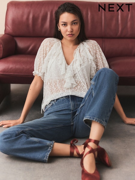 לבן - Short Sleeve Ruffle Mesh Blouse (AU5978) | ‏120‏₪