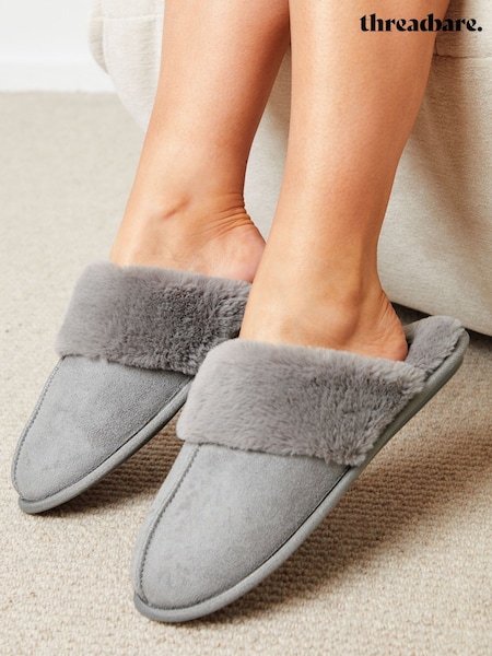 Threadbare Grey Faux Suede Faux Fur Lined Mule Slippers (AU6150) | €12.50