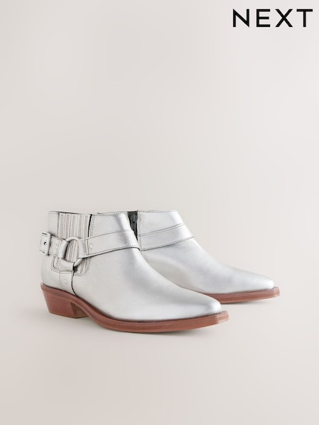 Metallic Silver Leather Forever Comfort® Harness Buckled Cowboy Ankle Boots (AU6161) | $100