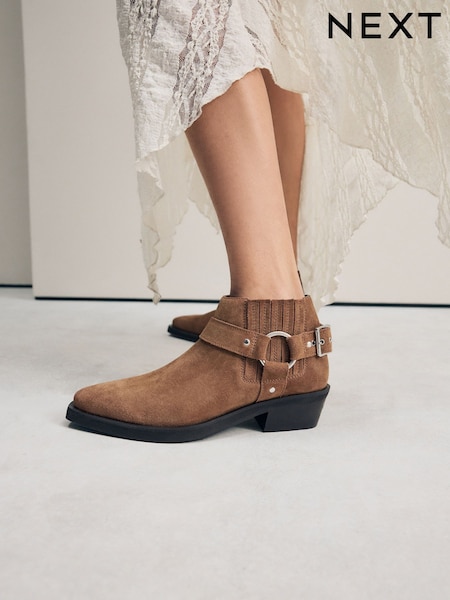 Tan Brown Suede Forever Comfort® Harness Buckled Cowboy Ankle Boots (AU6169) | $100