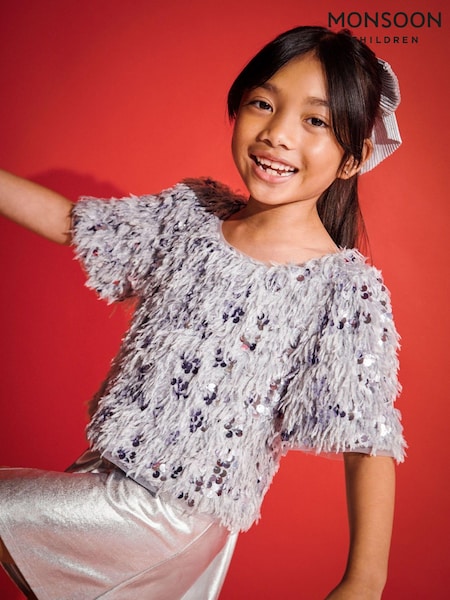 Monsoon Silver Sequin Feathery T-Shirt and Metallic Skirt Set (AU6179) | €39 - €44
