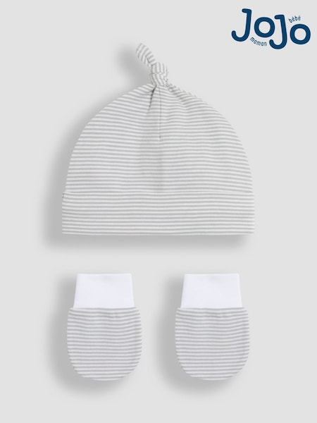 JoJo Maman Bébé Grey 2 Piece Baby 100% Cotton Hat and Mittens Set (AU6269) | €12.50