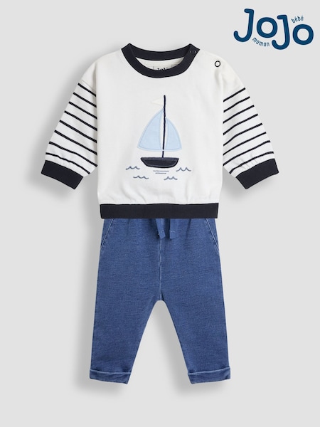 JoJo Maman Bébé Ecru Organic Cotton Sail Boat Sweatshirt & Joggers Set (AU6293) | €36.50 - €38