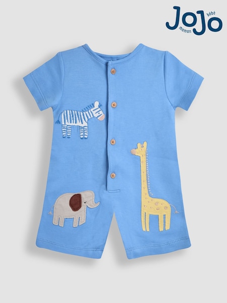 JoJo Maman Bébé Blue 100% Organic Cotton Safari Button Front Romper (AU6297) | €30 - €31.50