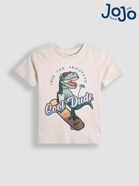 JoJo Maman Bébé Oatmeal Natural Dino Skater Printed Graphic T-Shirt (AU6303) | €24 - €26