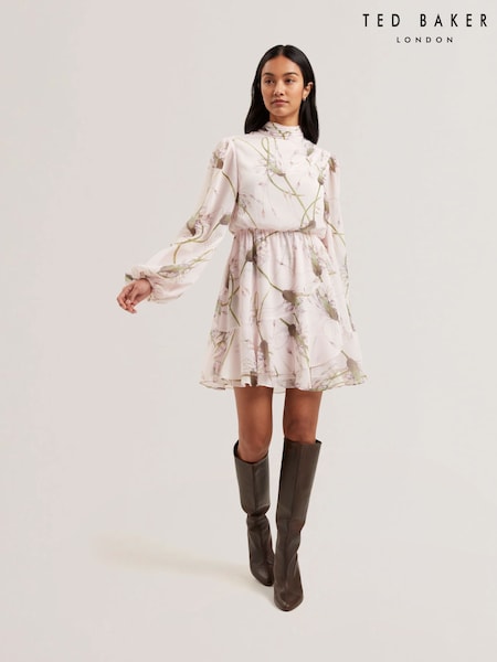 Ted Baker Arakas Printed Long Sleeve Neck Tie Mini Dress (AU6471) | €211