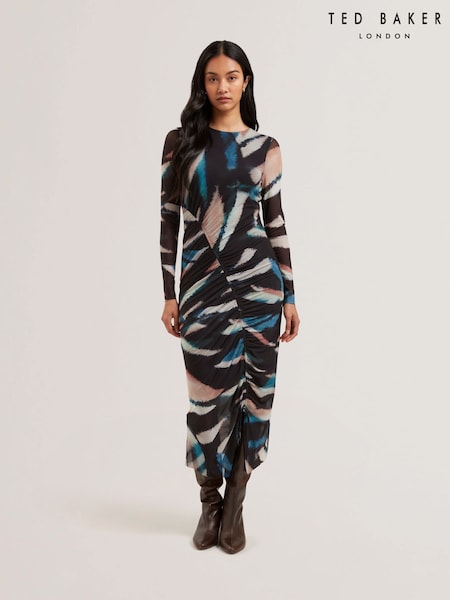 Ted Baker Black Ellylou Printed Mesh Bodycon Gathered Midi Dress (AU6496) | 749 QAR