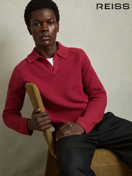 Reiss Kingston Rib Knit Open Collar Polo Shirt (AU6658) | ‏1,008 د.إ.‏