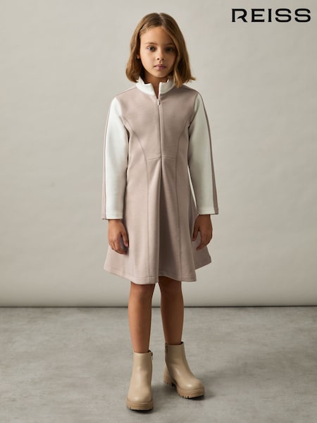 Ecru - Reiss Kelly Jersey Contrast-Stitch Flared Dress (AU6791) | 77 €