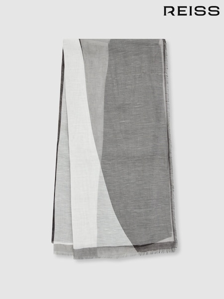 Reiss Grey/White Audrey Linen-Blend Printed Scarf (AU6792) | €97