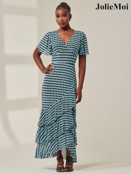 Jolie Moi Blue Geo Print Tiered Maxi Dress (AU6829) | 421 QAR