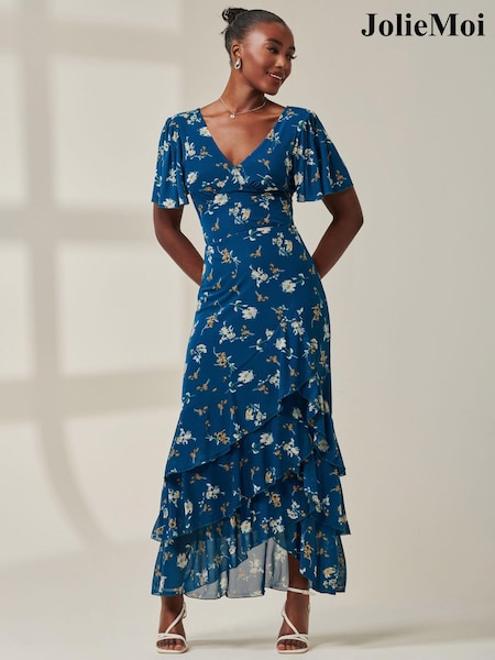 Jolie Moi Blue Angel Sleeve Tiered Hem Maxi Dress (AU6837) | €108