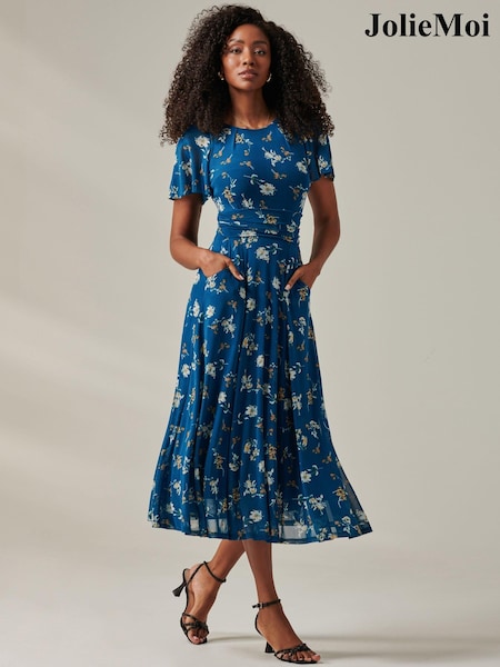 Jolie Moi Blue Harlie Floral Mesh Maxi Dress (AU6838) | €58